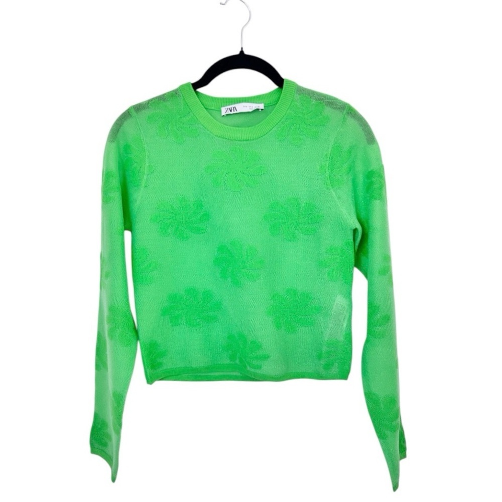 💚ZARA Green Crop Floral Pattern Long Sleeve Top Blouse Top